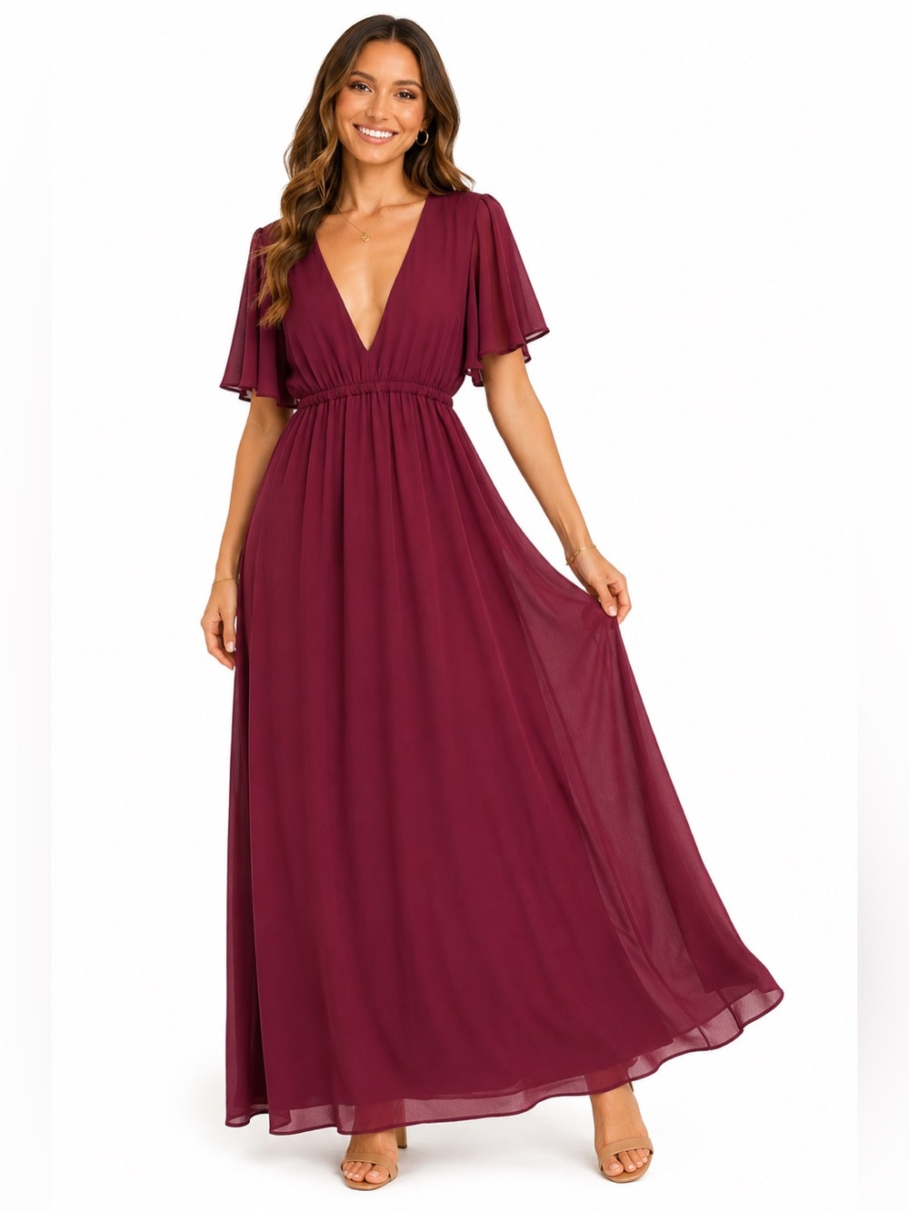 Show Me Your Mumu Emily Empire Maxi Dress Burgundy Plum Flutter Sleeve Large